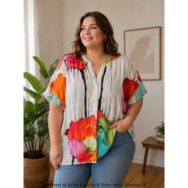 Art Bloom skjorte fra Fly Out – farverig plus size skjorte. Rød