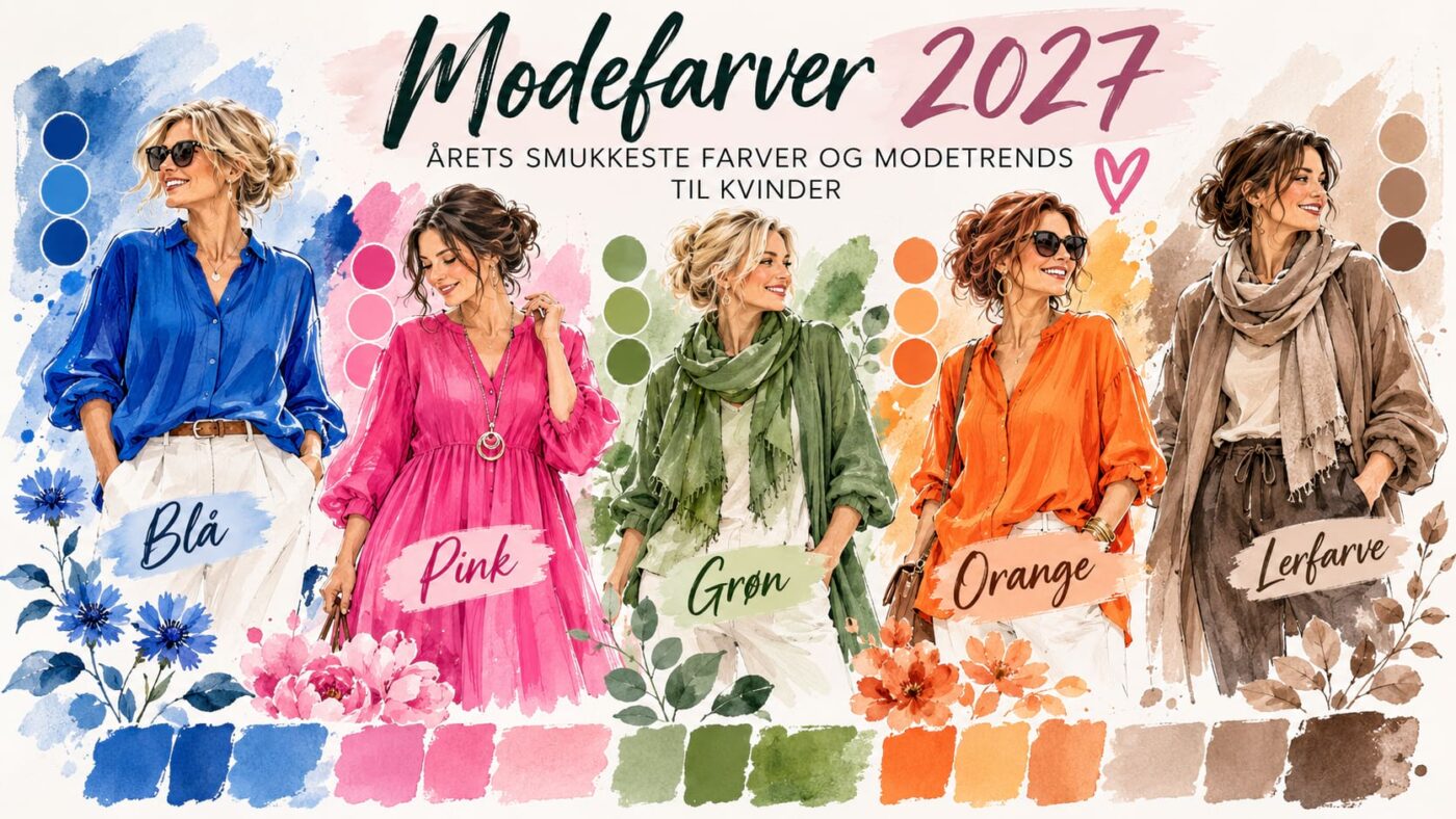 Modefarver 2027 – illustration af kvinder i blå, pink, grøn, orange og lerfarvede outfits