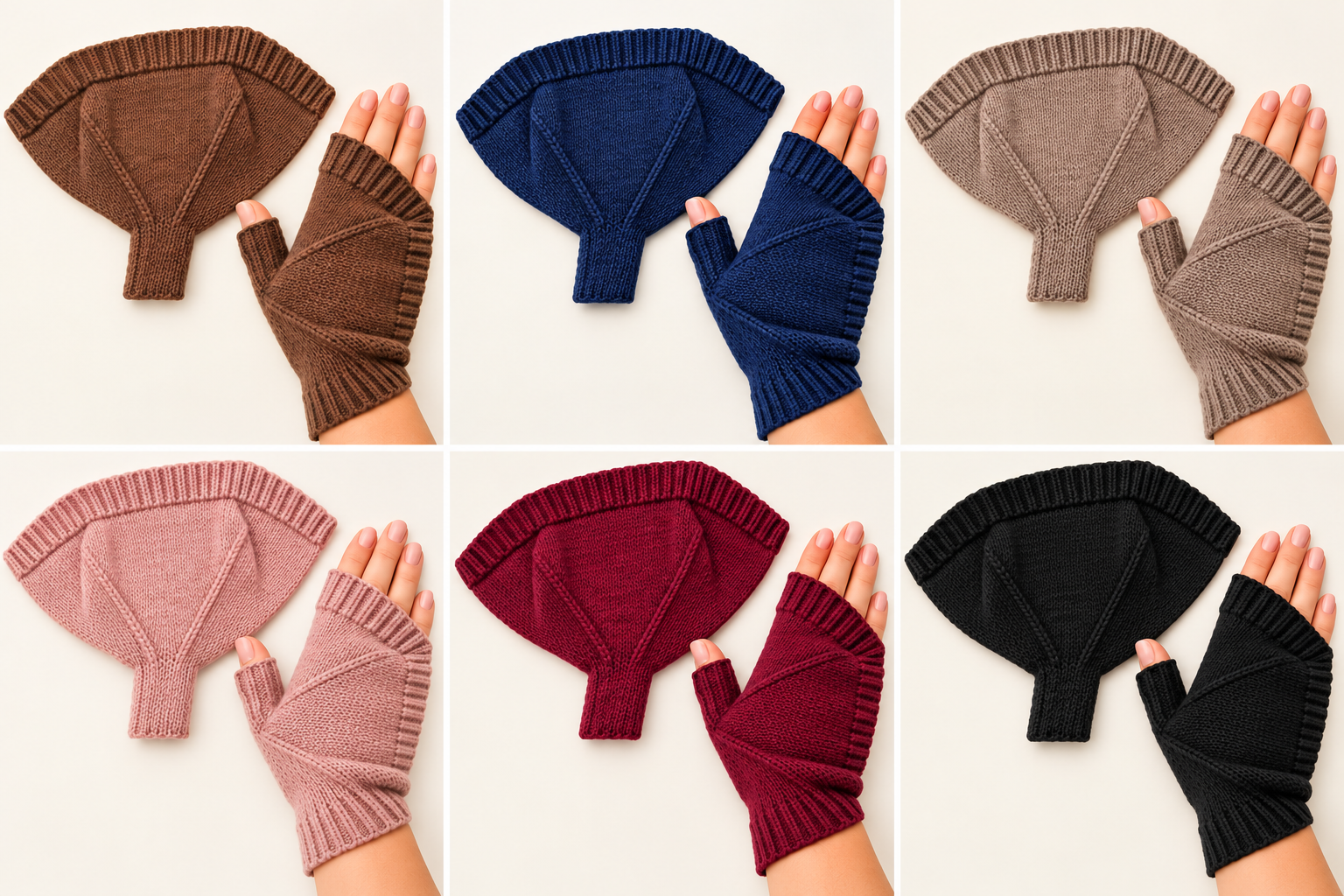 Pernille fingerløse strikhandsker i brun, navy, taupe, rosa, bordeaux og sort